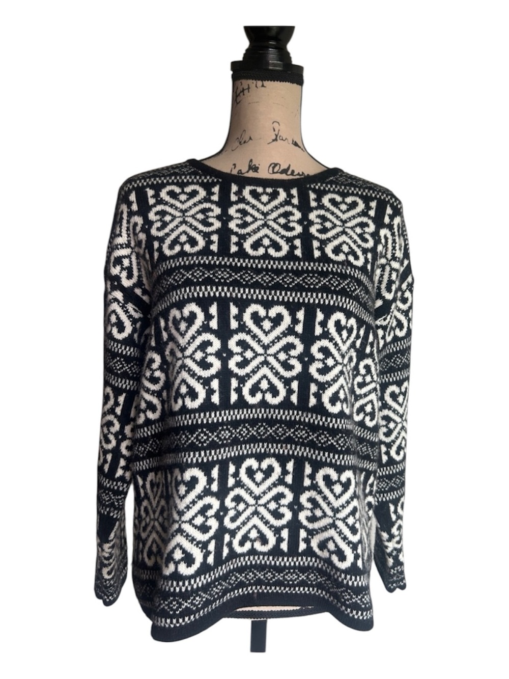 J. Jill Heart Print Wool Blend Black White Heart Sweater Size Medium